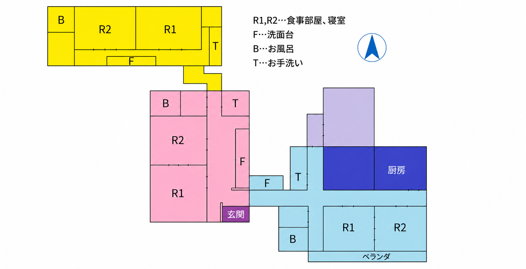 本館の間取り図。3組それぞれに食事部屋・寝室・洗面台・お風呂・お手洗いを完備