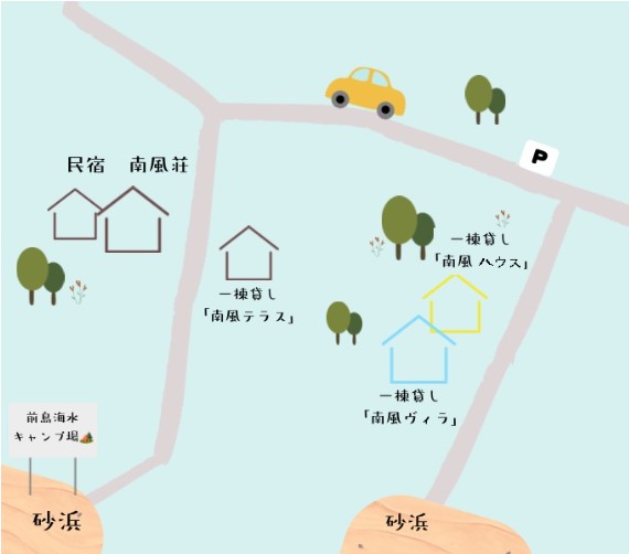 民宿南風荘・南風テラス・南風ヴィラ・南風ハウスの位置関係マップ